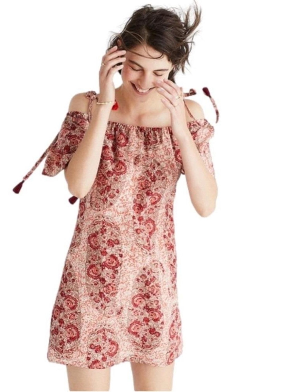 Madewell 100% Silk Boho Cold-Shoulder Dress Watercolor Paisley Tassel Size XS